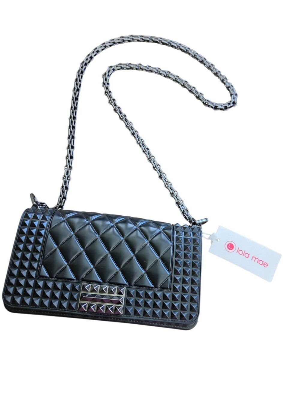 Lola Mae NWT Black Quilted Studded Crossbody Purse w Gunmetal Hardware & Chain